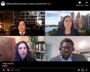 Harold Koh, Hari Osofky, Donald Sherman, and Rachel Kleinfeld participating in Zoom webinar